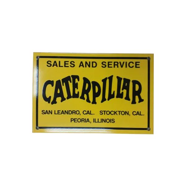 Yellow Caterpillar sales and service sign with black text, listing San Leandro, Cal., Stockton, Cal., and Peoria, Illinois.