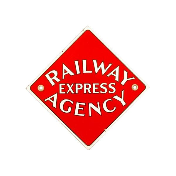 Red diamond sign reading “Railway Express Agency” in white letters on a white background