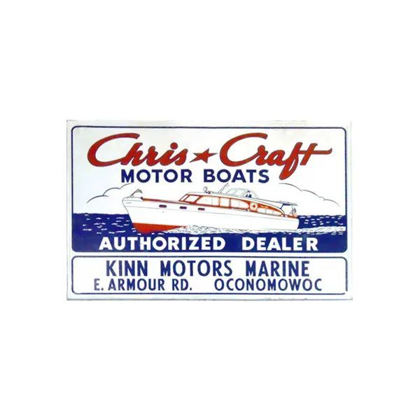 Chris-Craft Motor Boats authorized dealer sign for Kinn Motors Marine in Oconomowoc, blue and red logo