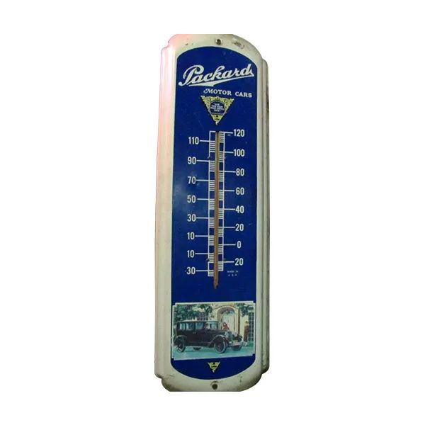 Vintage Packard blue wall thermometer with car illustration at the bottom