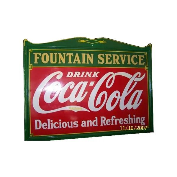Green and red Coca-Cola fountain service sign with “Drink Coca-Cola” and “Delicious and Refreshing” text