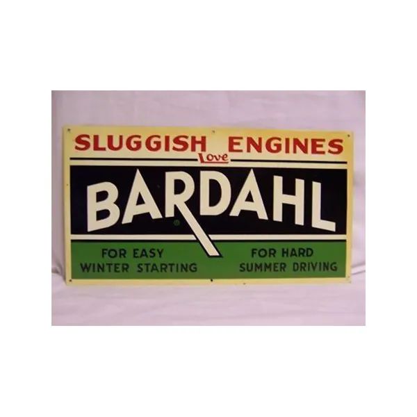Vintage Bardahl ad sign reading “Sluggish Engines,” with green and black lettering on a cream background