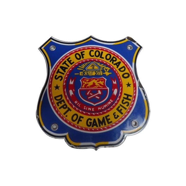 Colorado State Department of Game and Fish badge with blue, gold, and red seal