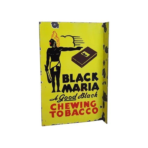 Yellow Black Maria chewing tobacco tin with a Native American figure illustration and bold black text