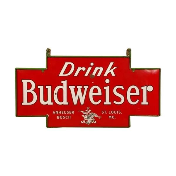 Red Budweiser sign with white text reading “Drink Budweiser” and small Anheuser-Busch logo