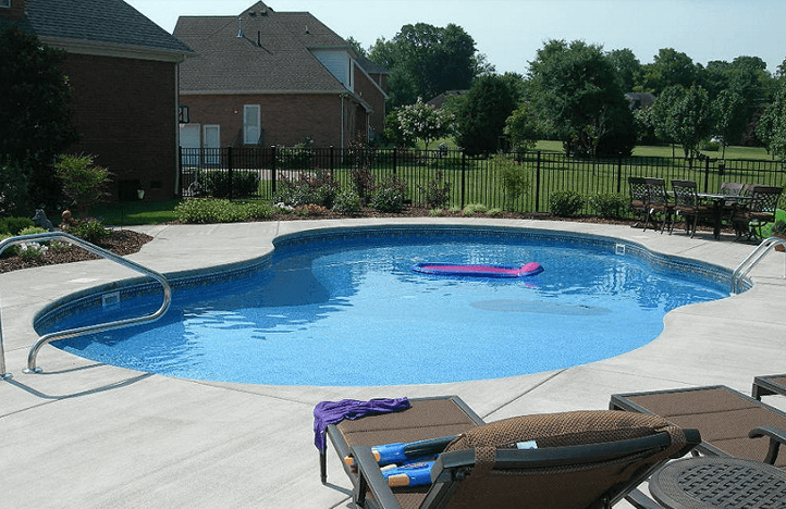 A swimming pool with furnitures