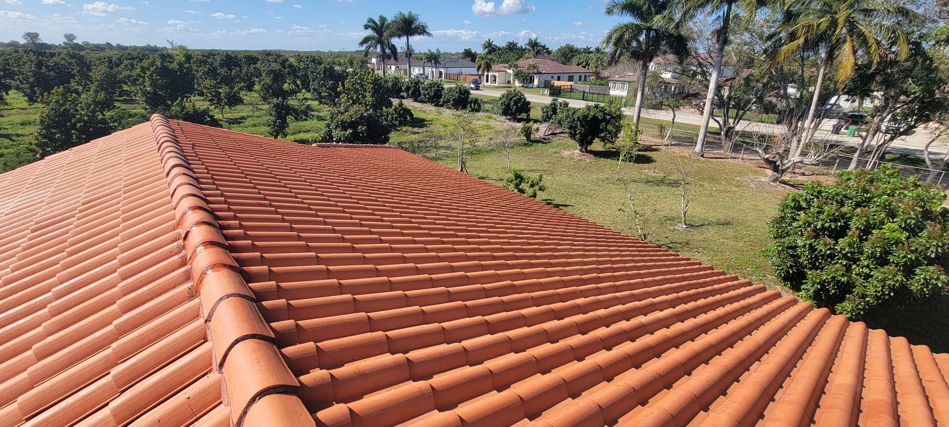 A roof with a lot of tiles on it and trees in the background.