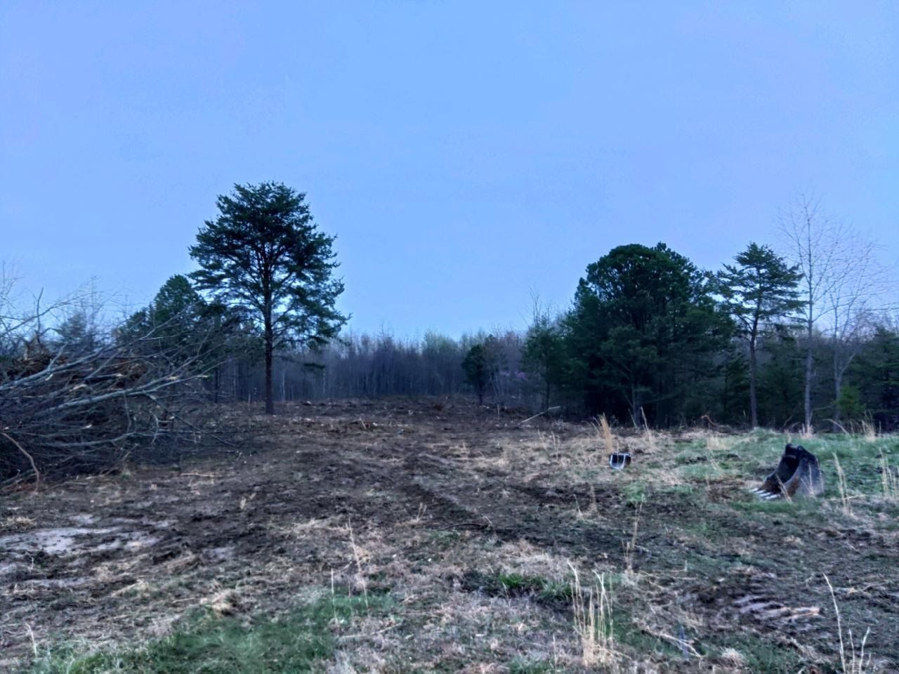 an empty field with trees in the background and a blue sky