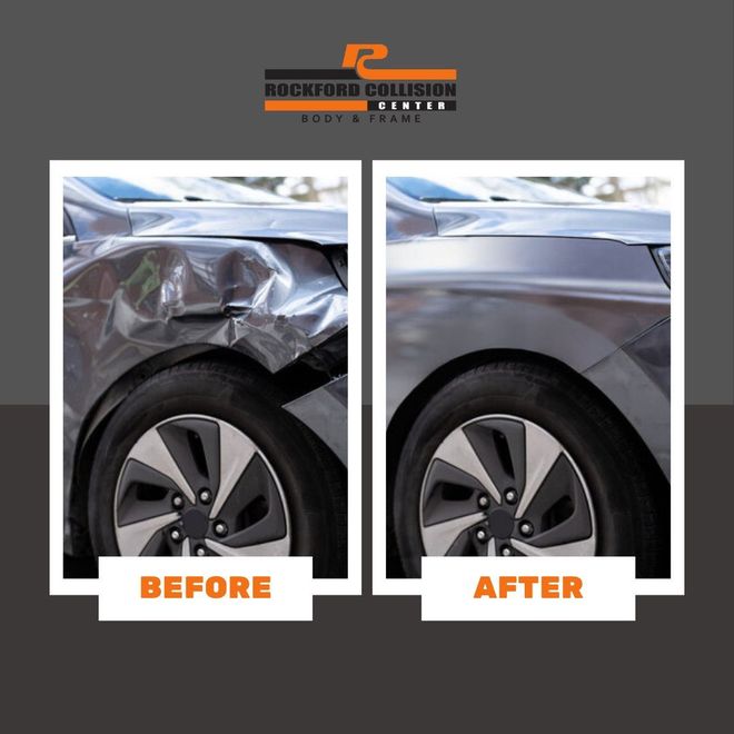 Before-and-after of car body repair: crumpled fender before, smooth fender after.