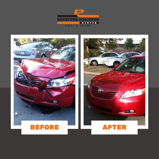 Before and after photos of a red car: heavily damaged front vs. repaired front.