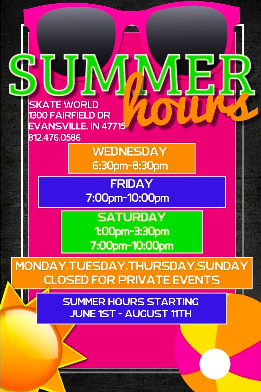 Bright neon poster advertising “Summer hours” with weekday schedule and start/end dates on pink and orange background