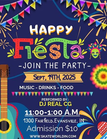 Fiesta party flyer. September 19, 2025, Evansville, IN. Features music, drinks, food, DJ, and admission fee.