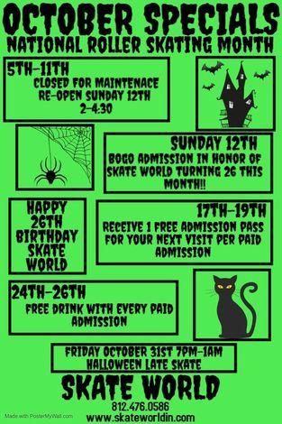 Green flyer for Skate World October specials: events, birthday, Halloween skate.