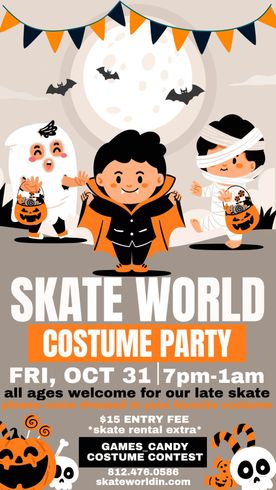 Skate World Halloween costume party ad. Cartoon children in costumes, moon, bats, and pumpkin decorations.