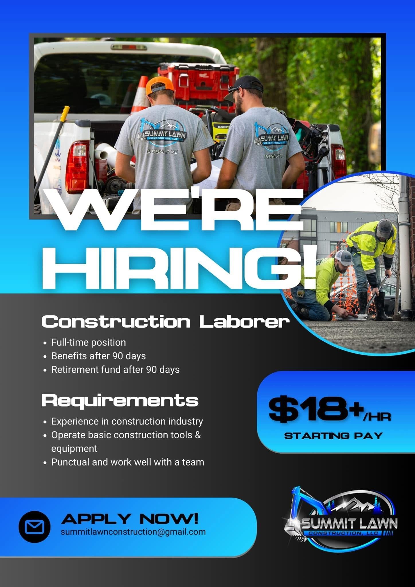 A blue and black advertisement for a construction laborer.