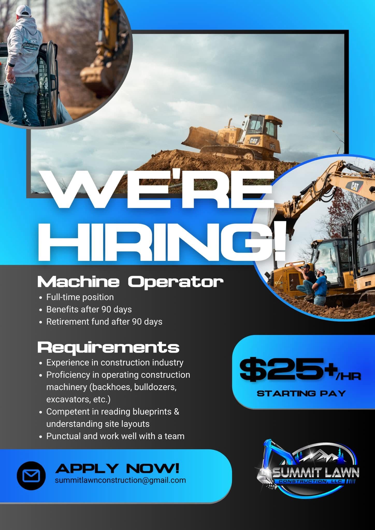 A poster that says `` we 're hiring machine operator ''