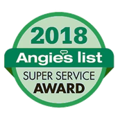 Angie's List Super Service Award badge for 2018. Green circle with white text and a dark green banner containing the words 