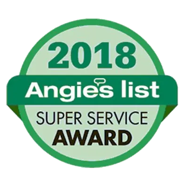 Angie's List Super Service Award badge for 2018. Green circle with white text and a dark green banner containing the words