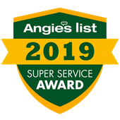 Angie's List 2019 Super Service Award badge. Green and gold shield with white text, signifying excellent service.