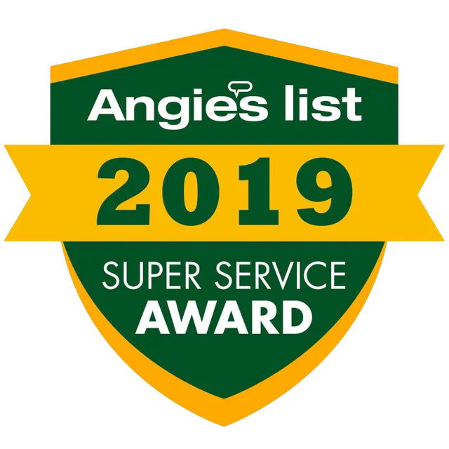Angie's List 2019 Super Service Award badge. Green and gold shield with white text, signifying excellent service.