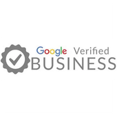 Google Verified Business badge: a gray, scalloped emblem with a checkmark, and Google's logo followed by 