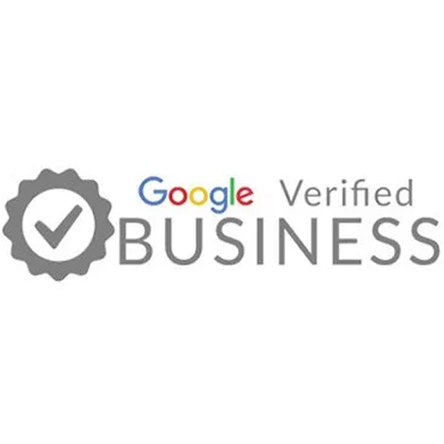 Google Verified Business badge: a gray, scalloped emblem with a checkmark, and Google's logo followed by 