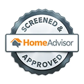 HomeAdvisor Screened & Approved badge, featuring a logo and text on a gray and white background.
