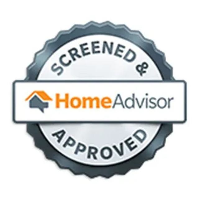 HomeAdvisor Screened & Approved badge, featuring a logo and text on a gray and white background.