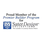 Logo for Sater Design, featuring a blue geometric design and text indicating membership in the Premier Builder Program.