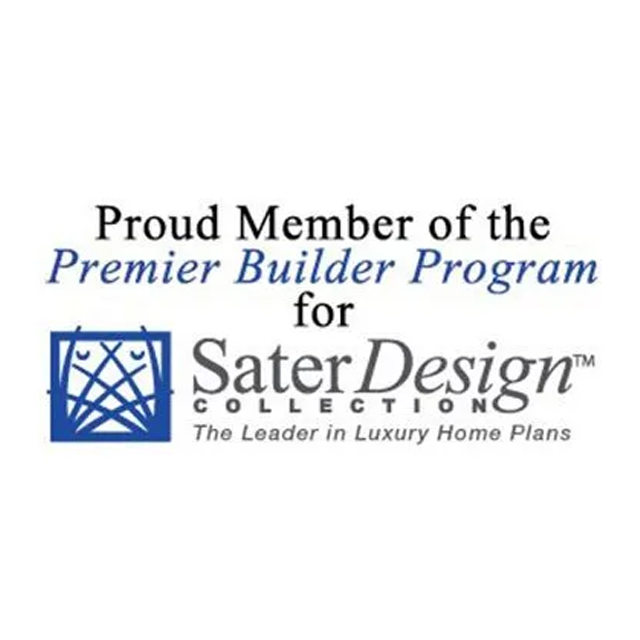 Logo for Sater Design, featuring a blue geometric design and text indicating membership in the Premier Builder Program.