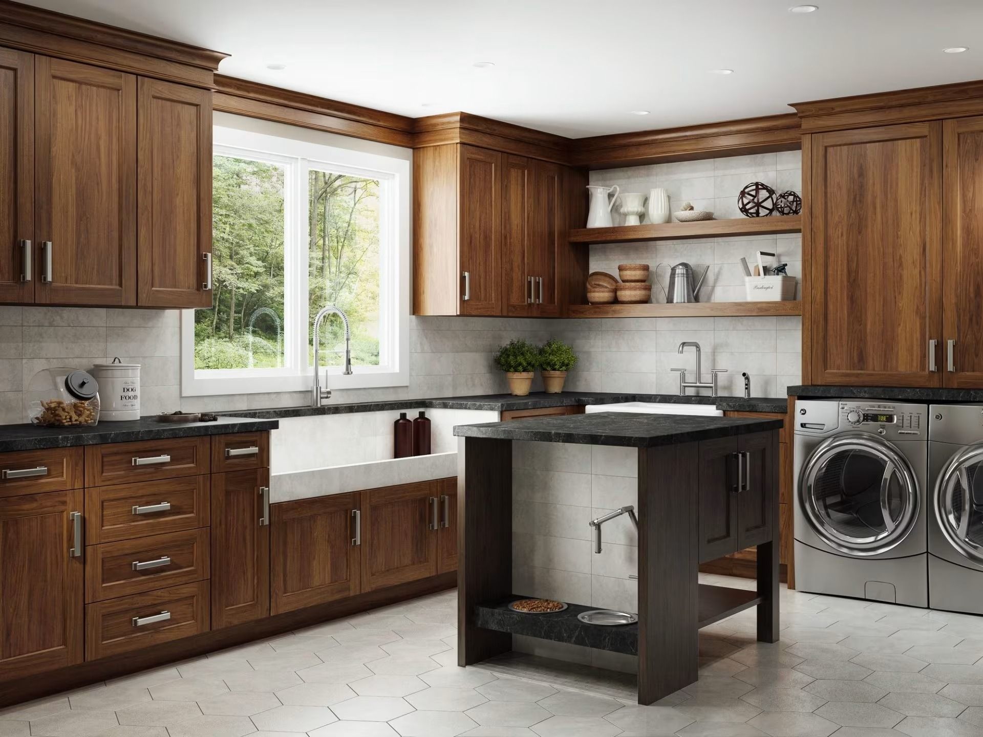Modern kitchen with wood cabinets, large window, farmhouse sink, island, and laundry appliances