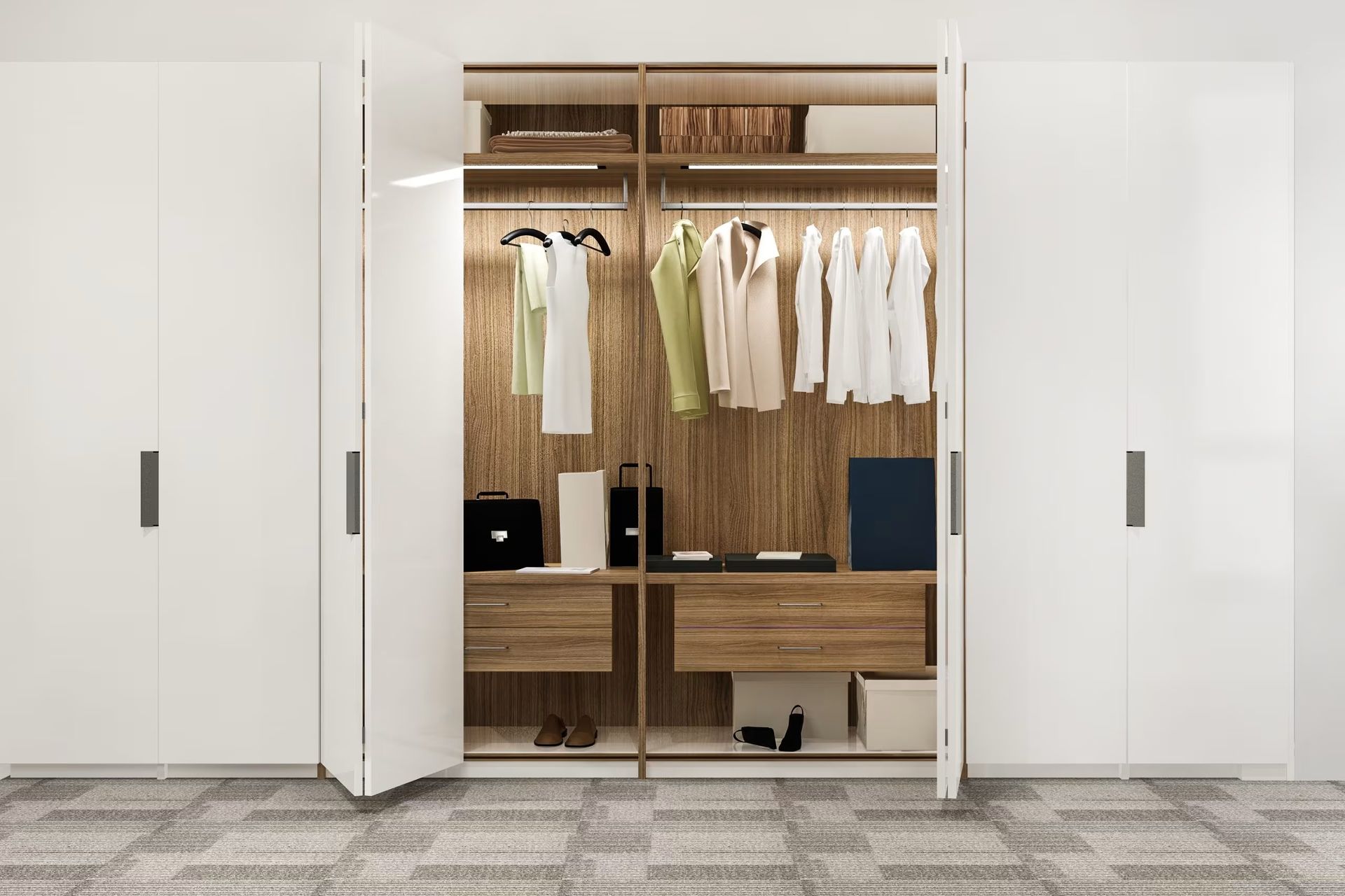 Open white closet with shelves, hanging clothes, drawers, and shoes in a minimalist bedroom.