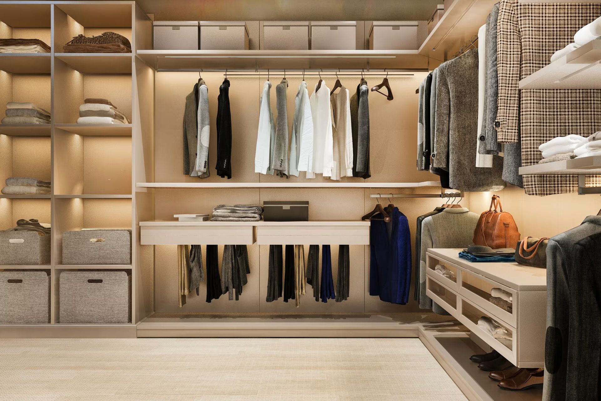 Walk-in closet with shelves, hanging clothes, drawers, and woven storage baskets