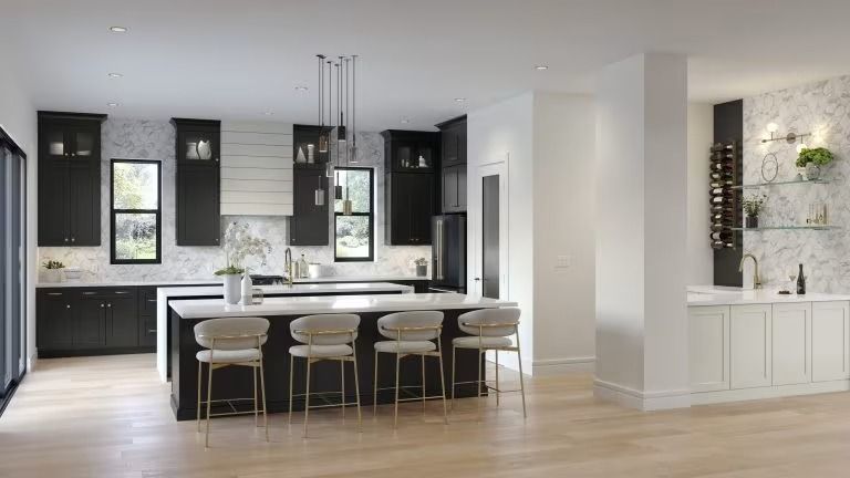 Bright modern kitchen and dining area with white island, black cabinets, and hardwood floors
