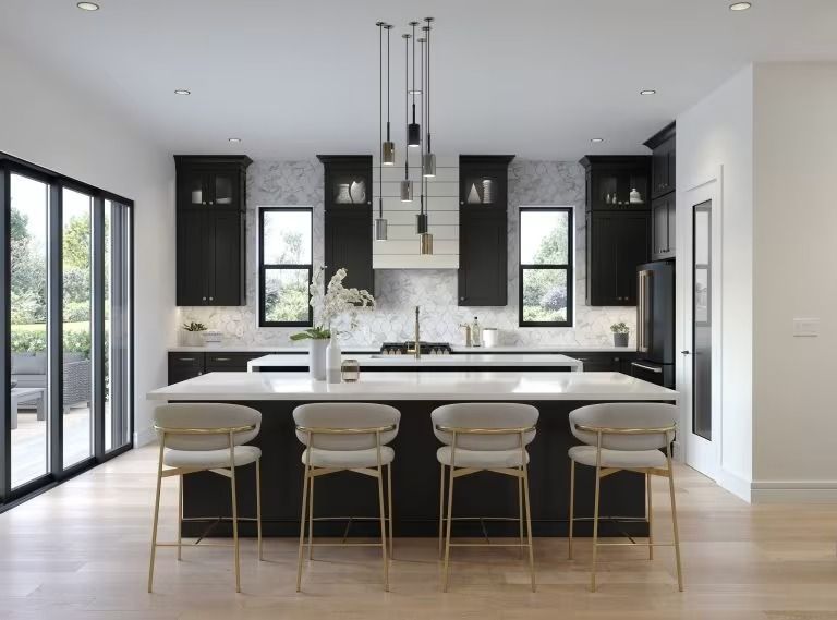 Modern black-and-white kitchen with island, pendant lights, and four stools by large windows
