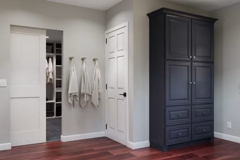 Modern bedroom with white walls, dark wood floors, open closet, white door, and a black armoire cabinet.