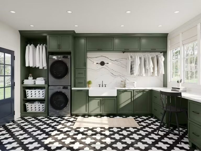 Green laundry room with stacked washer-dryer, white counters, and black-and-white patterned floor
