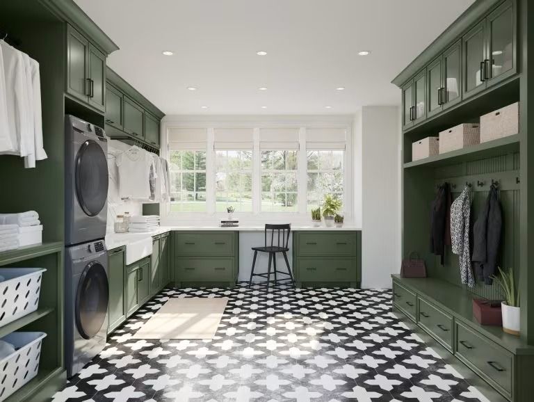 Bright green laundry room with washer, dryer, built-in cabinets, and patterned black-and-white floor.