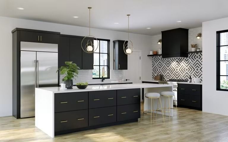 Modern kitchen with black-and-white cabinetry, island, stainless steel fridge, and patterned tile backsplash