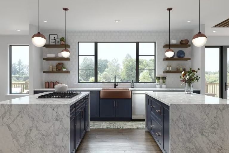Bright modern kitchen with marble islands, navy cabinets, and large windows overlooking trees