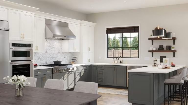 Bright modern kitchen with white cabinets, gray island, stainless steel appliances, and a window above the sink