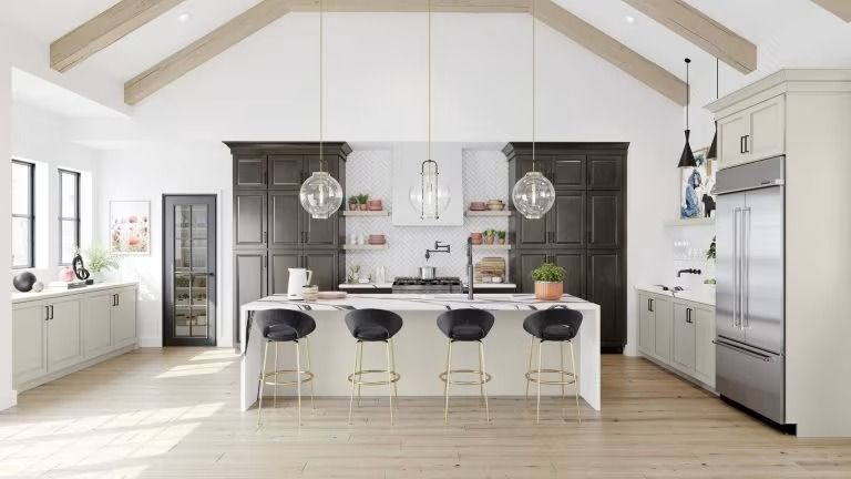 Bright modern kitchen with white island, dark cabinets, exposed beams, and large stainless steel fridge