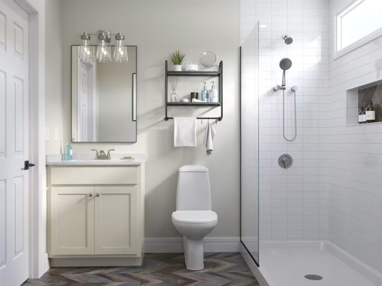 Bright white bathroom with vanity, toilet, shower, and wall shelves in a modern clean design
