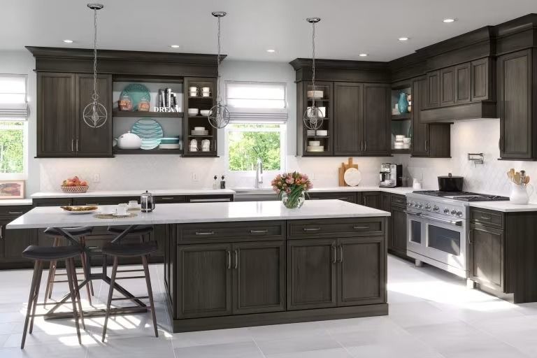 Modern kitchen with dark cabinets, white countertops, island, stove, and large windows