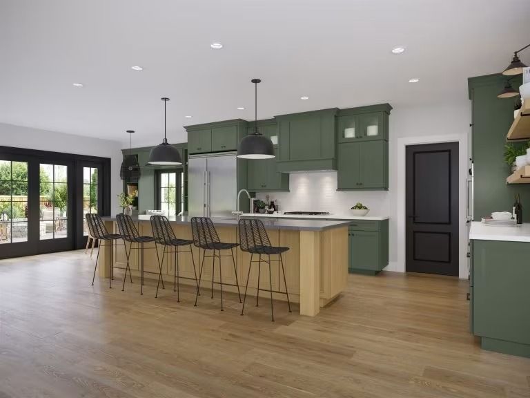 Modern kitchen with green cabinets, wooden island, pendant lights, and bar stools in an open living space