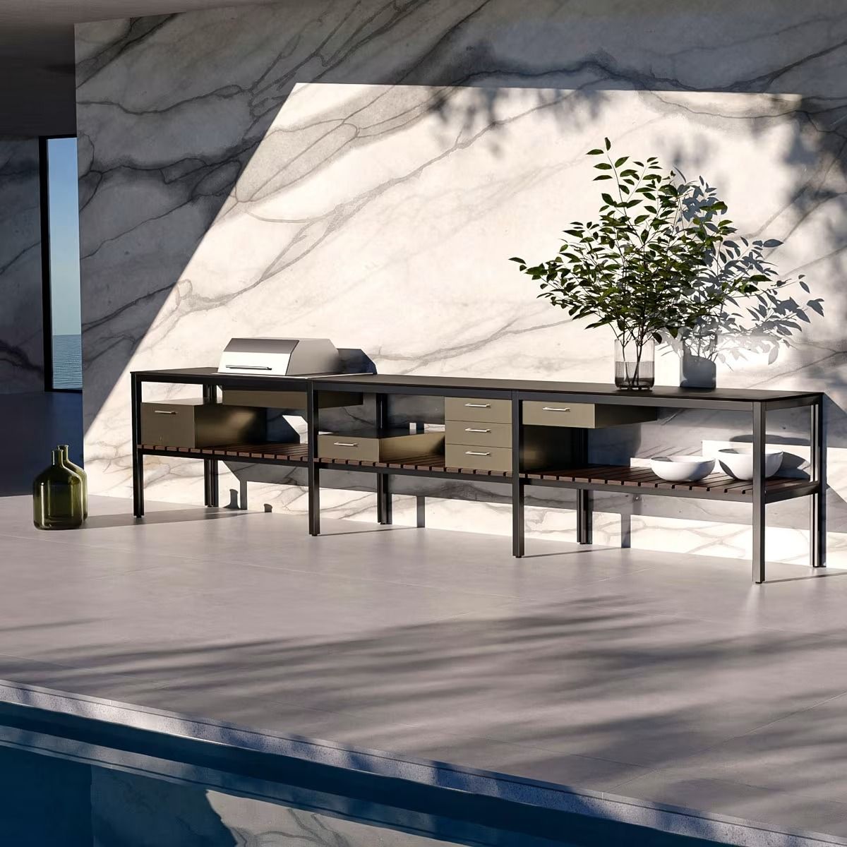 Modern patio with marble wall, long bench, potted plant, and pool edge in sunlight