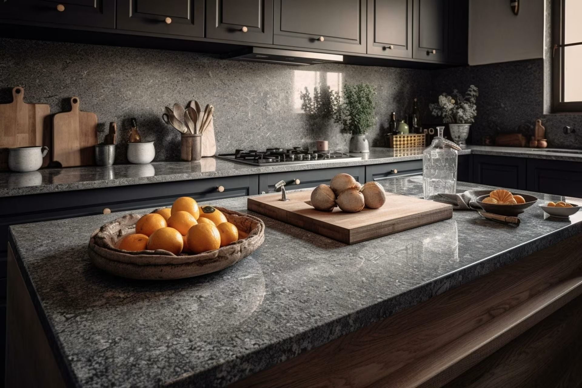 Modern kitchen counter with oranges, apples, a cutting board, and jars under dark cabinets