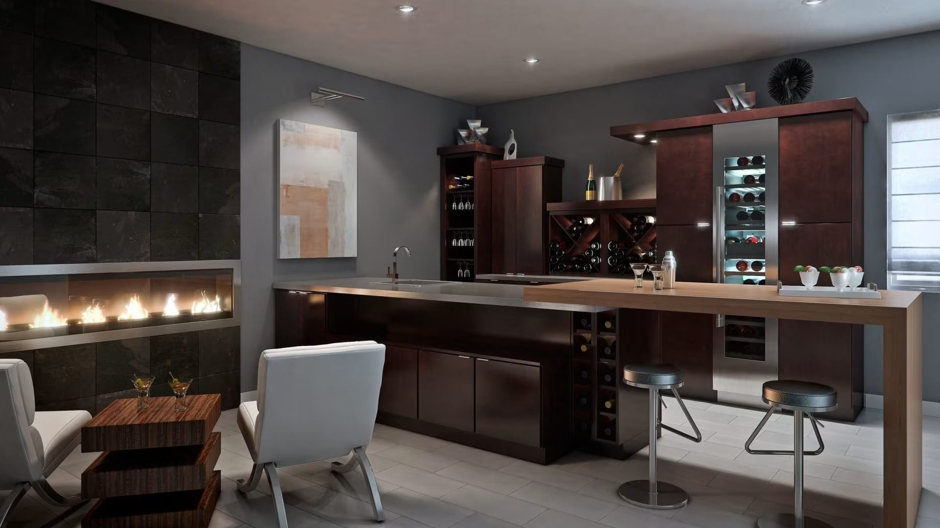 Modern home bar with dark wood cabinets, glowing fireplace, stools, and a lounge chair in a sleek interior