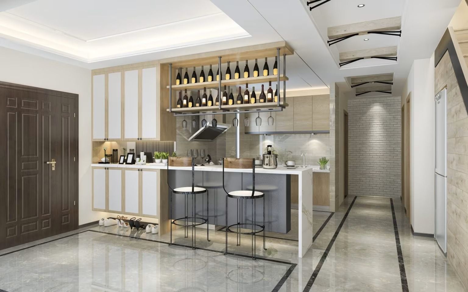 Modern home bar with marble island, wine shelves, stools, and recessed ceiling lighting