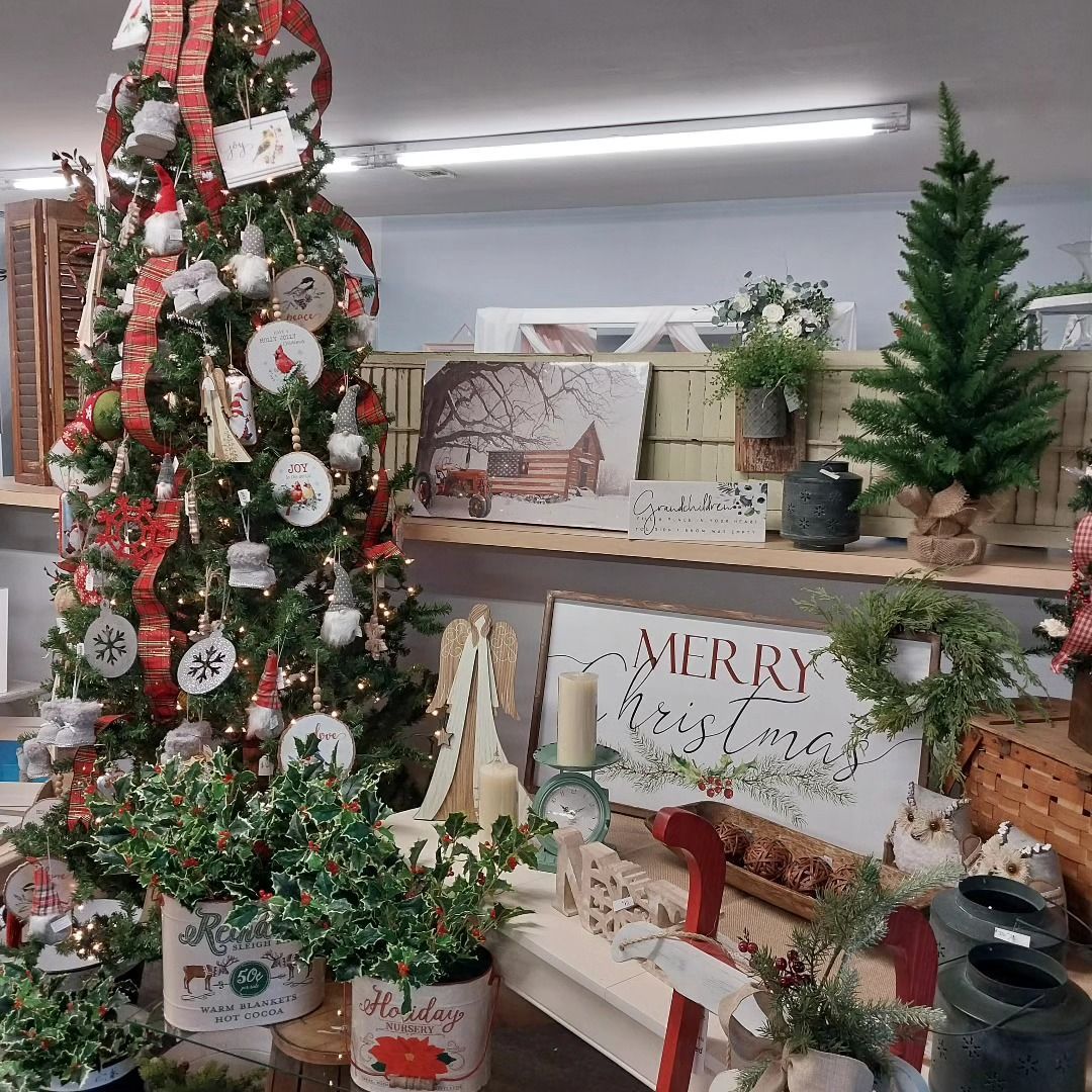A christmas tree is surrounded by potted plants and decorations in a room.